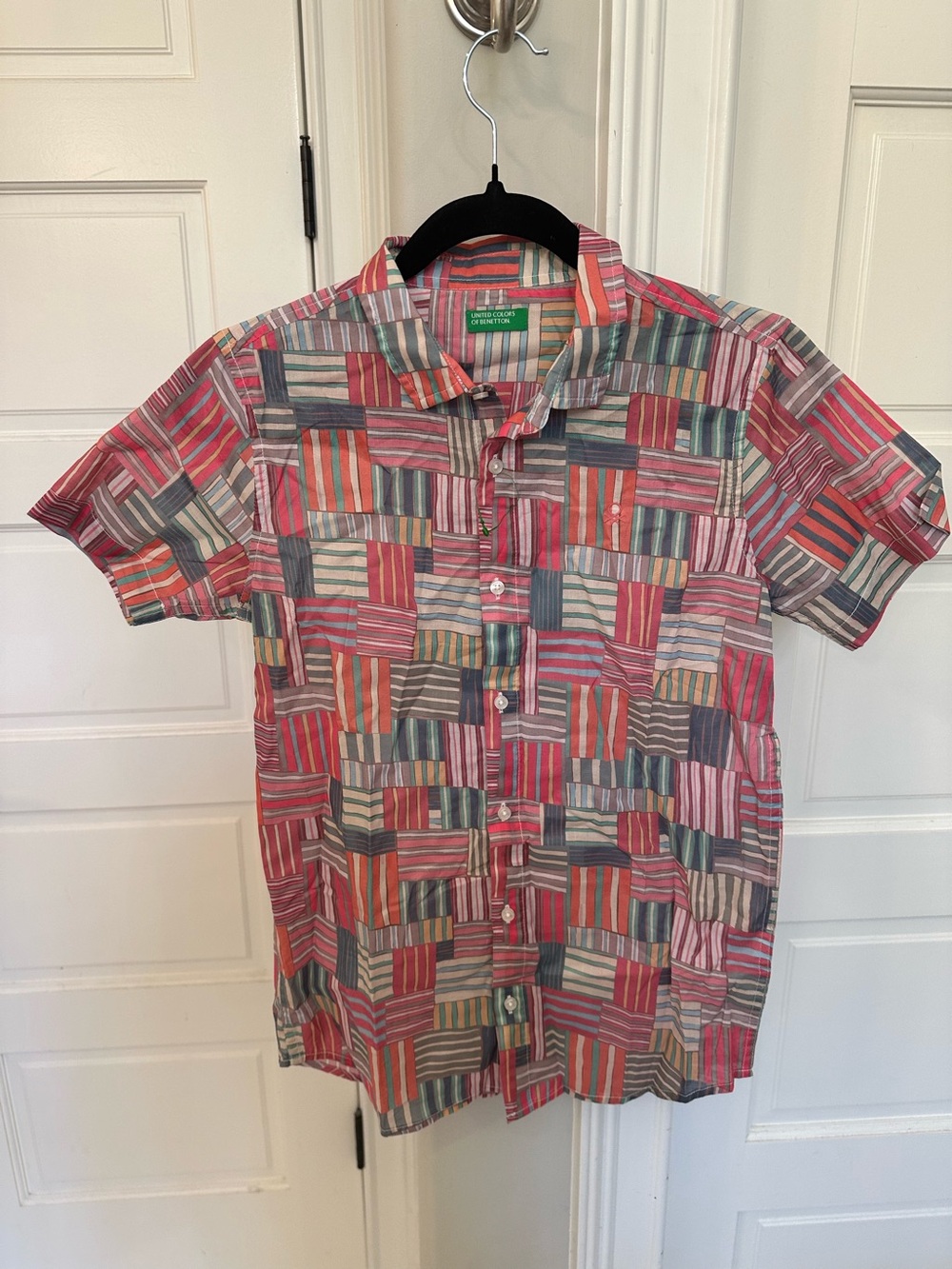 United Colors of Benetton Patchwork Short Sleeve Button Down Shirt Kid’s XL NWOT